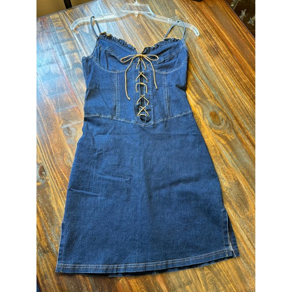 GAS CO Vintage Denim Corset Mini Dress Dark Wash Lace Up Western Blue Size 11 - Picture 7 of 11